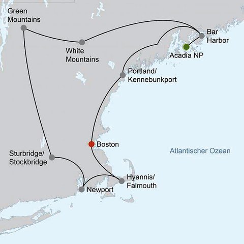 USA Reise - Routenkarte klassisches Neuengland