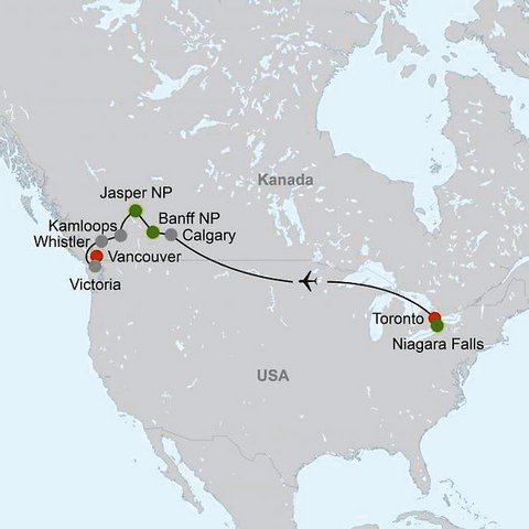 Karte einer Kanada Rundreise von Toronto nach Vancouver
