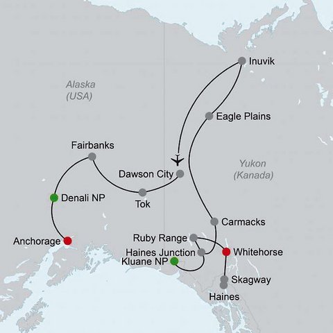 Alaska-Reise - Lockruf des Goldes Routenkarte