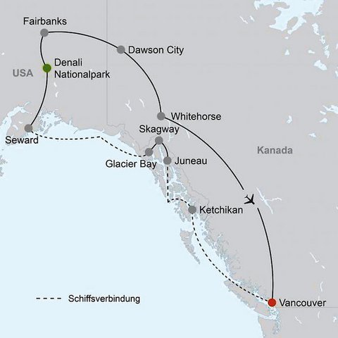 Alaska-Kanada Reise - Auf dem Seeweg nach Alaska Routenkarte