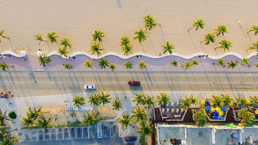 Straße mit Palmen Eine Straße am Strand von Miami von Oben