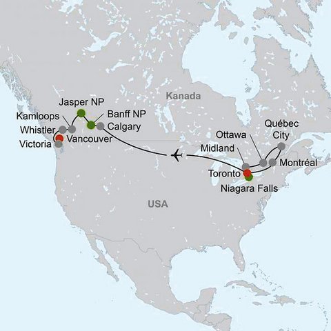 Karte einer Kanada Rundreise von Toronto nach Vancouver